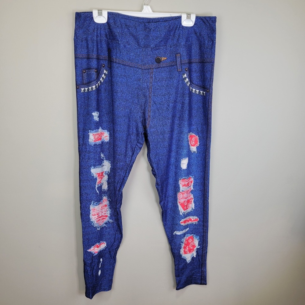 Medium Wash Faux Distressed Denim Red Bandana Accents Leggings Extended PS